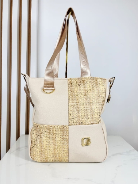 Laura Biaggi torba shopper beżowa w kwadraty