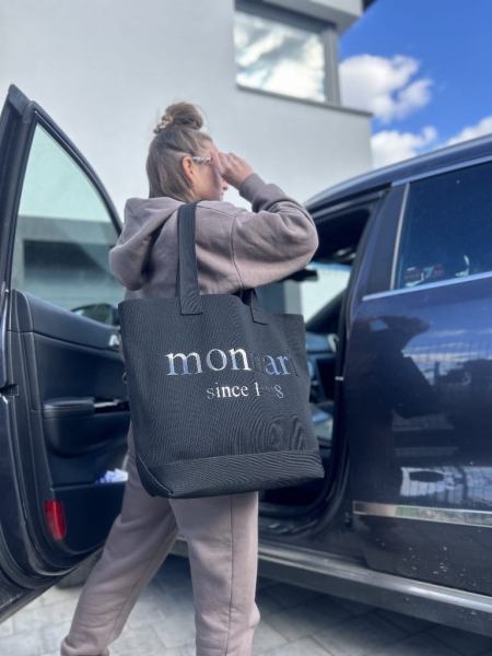 Monnari torba shopper czarna z napisem prążkowana