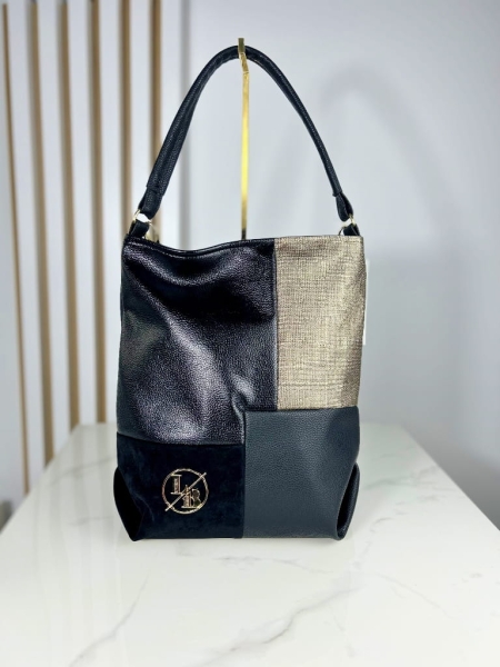 Laura Biaggi Torebka Shopper Worek Na Ramię Czarna ze Złotym