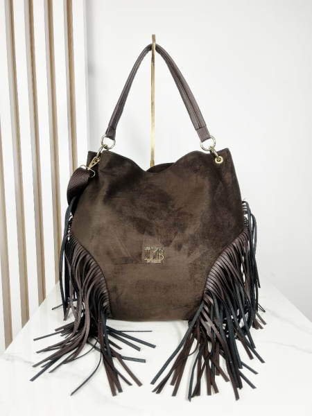 Laura Biaggi torebka worek z frędzlami boho eko zamsz brązowa