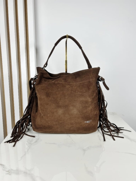 Torba shopper brązowa czekoladowa z frędzlami FloraCo Paris