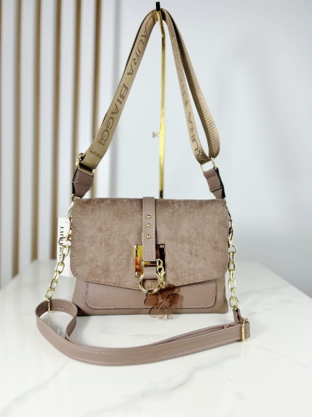 Laura Biaggi torebka listonoszka z koniczyną taupe eko zamsz