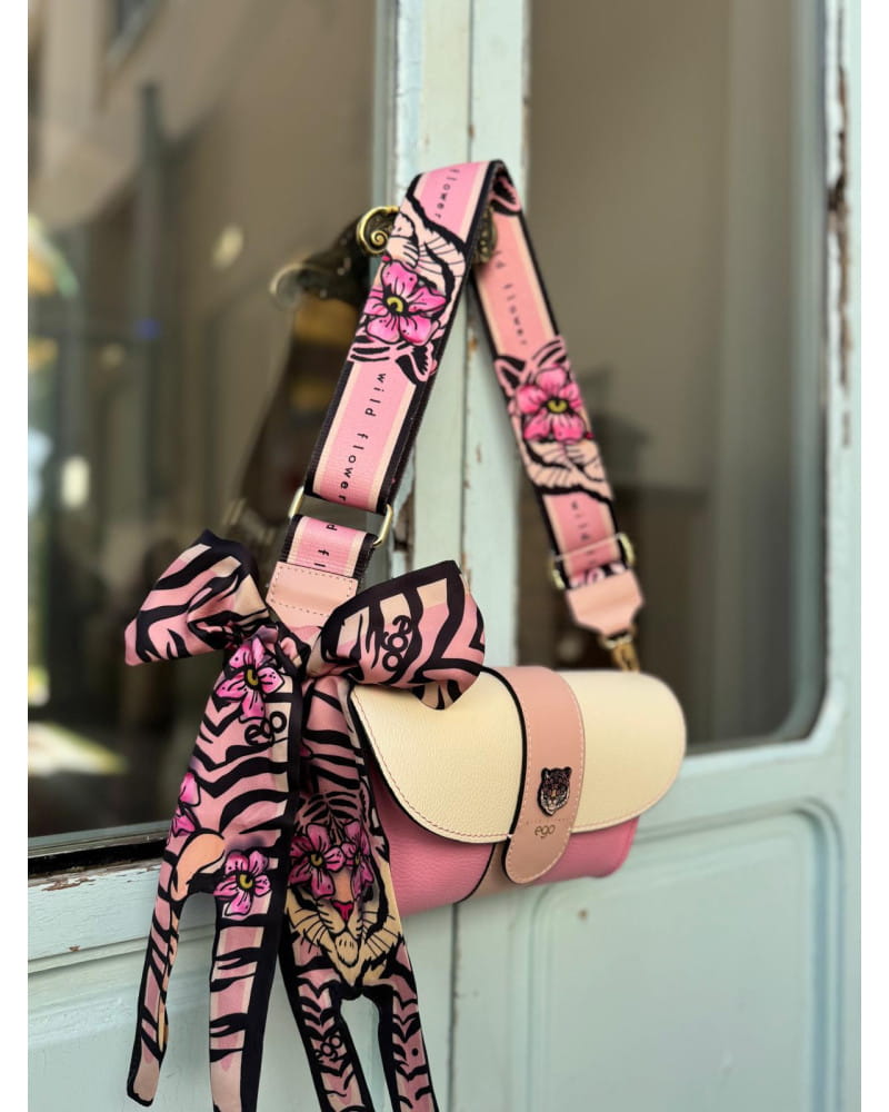 Ego skórzana torebka z apaszką kolorowa beżowa z różowym