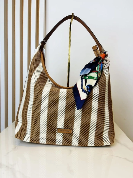 David Jones torebka worek na lato w paski brązowa