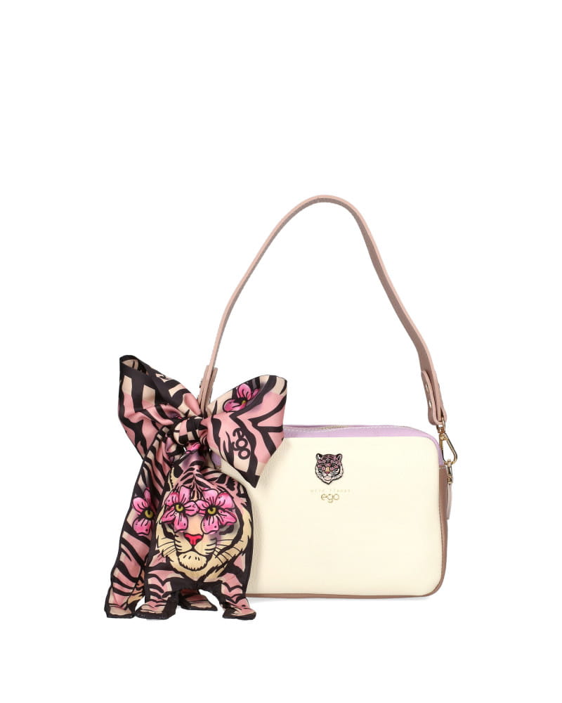 Ego skórzana torebka kuferek dwukomorowa Wild Flower beżowa