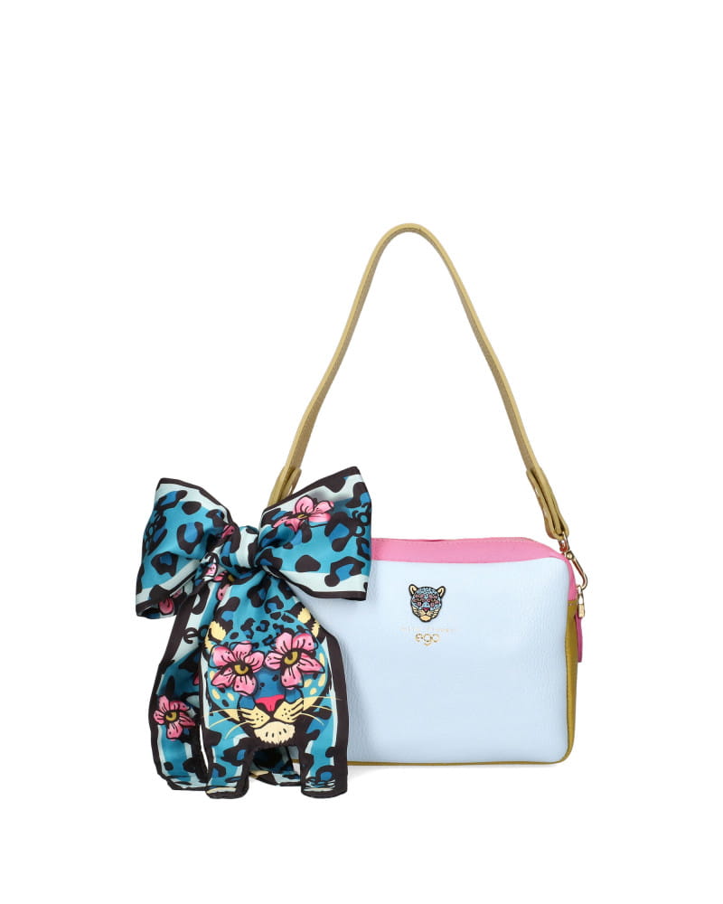 Ego skórzana torebka kuferek dwukomorowa Wild Flower błękitna