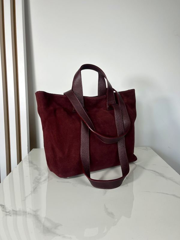 Laura Biaggi skórzana zamszowa torba shopper bordowa