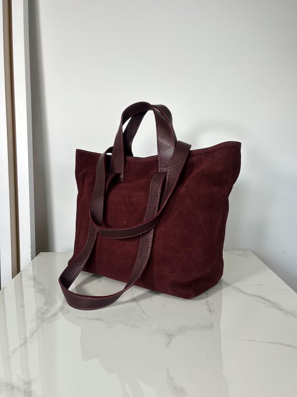 Laura Biaggi skórzana zamszowa torba shopper bordowa