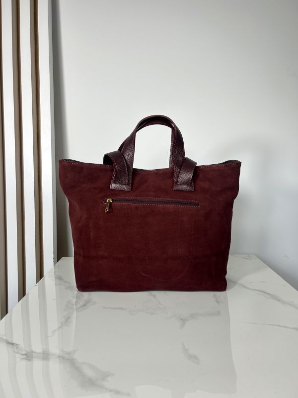 Laura Biaggi skórzana zamszowa torba shopper bordowa
