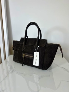 Laura Biaggi zamszowa torebka kuferek elegancka brązowa