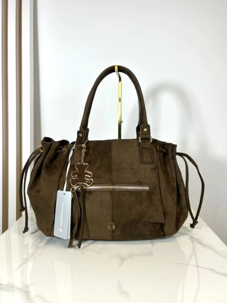 Lulu Castagnette torba shopper brązowa eko zamsz  z misiem
